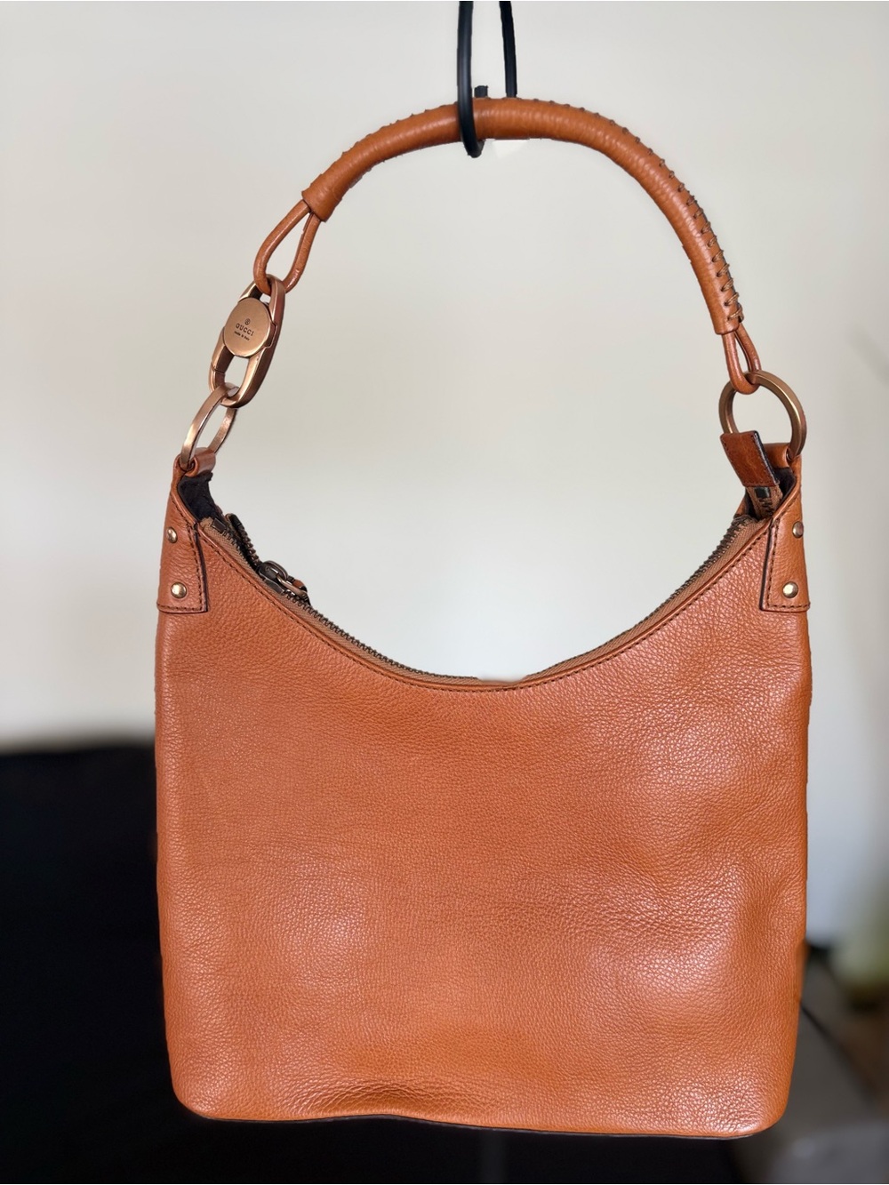 Vintage Gucci GG Ring Handle Small Hobo Bag Tan Leather Y2K